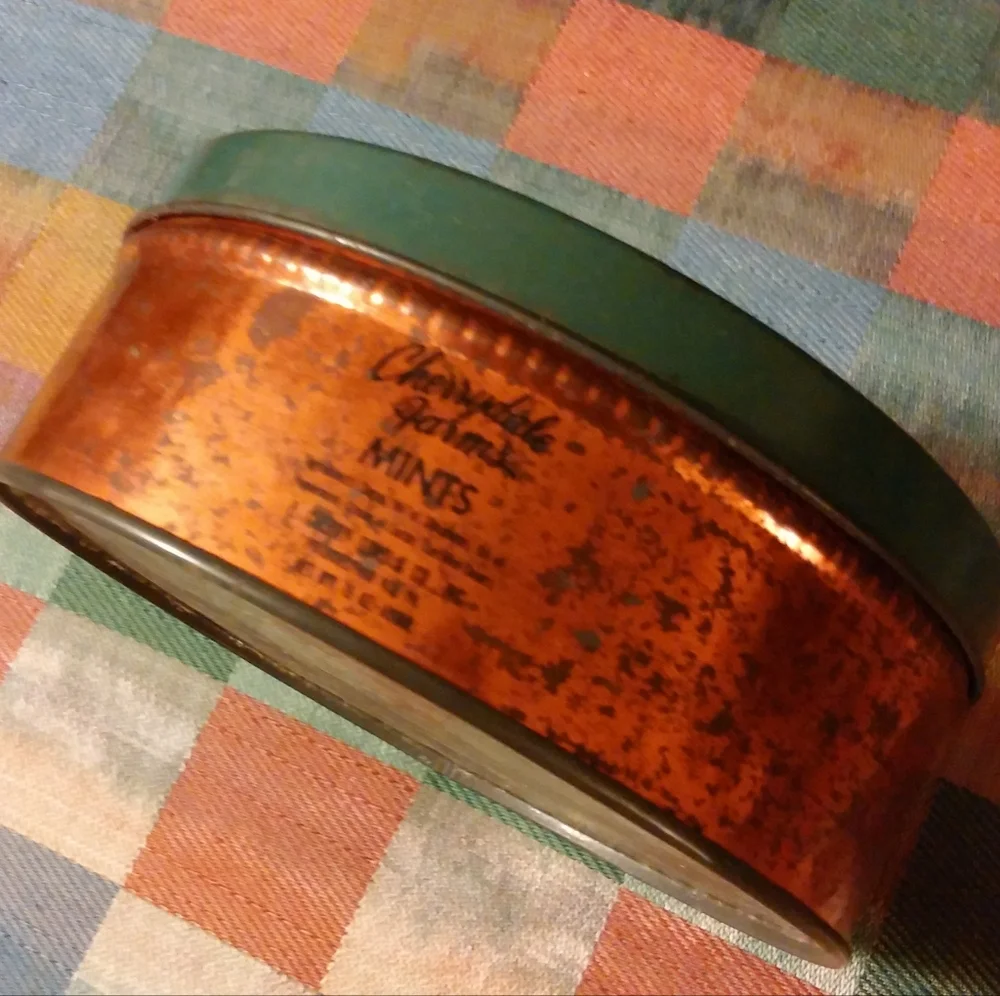 Vintage Copper Tin Storage Cherrydale Farms Mints Box Floral Top Gold, Green